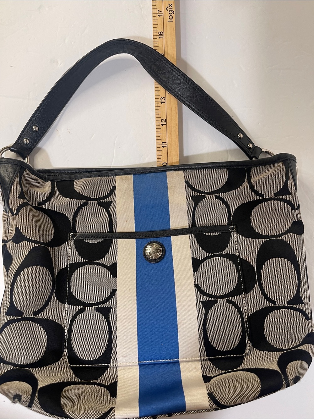 Coach Heritage Stripe Tote F14477 Y2K Signature C Shoulder Bag Black Blue White - Picture 2 of 16